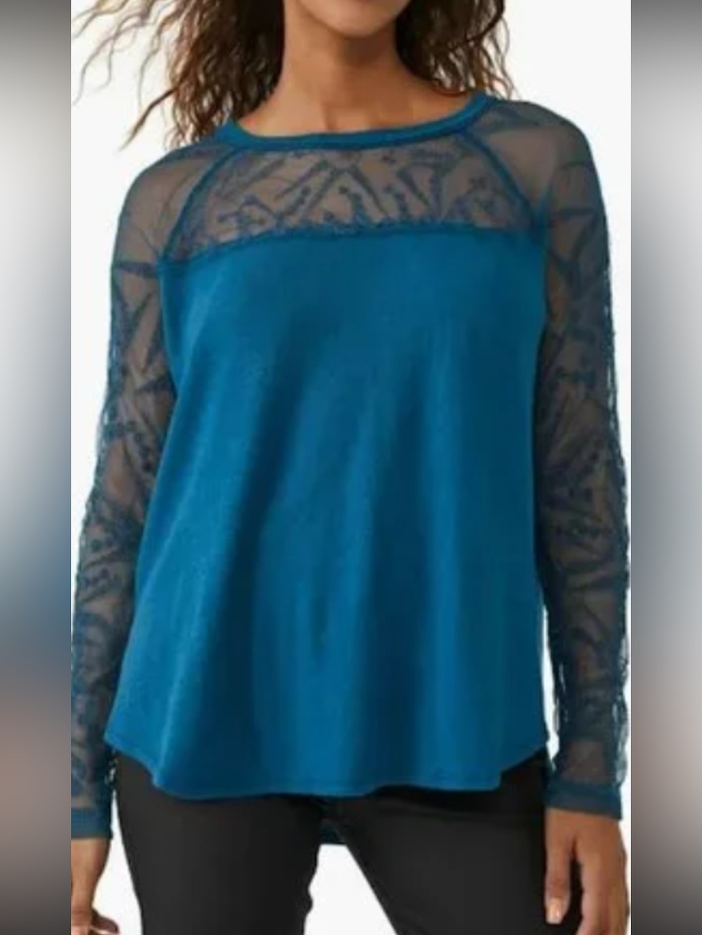 Free People Dusty Blue Lace Yoke Swing Top